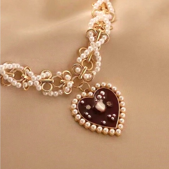 “Red Heart Sea of Pearls” Flake Shard Float Drift Love Romance Ocean Necklace - Picture 4 of 16